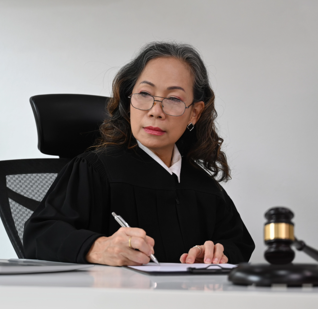 mature female judge sitting front of laptop