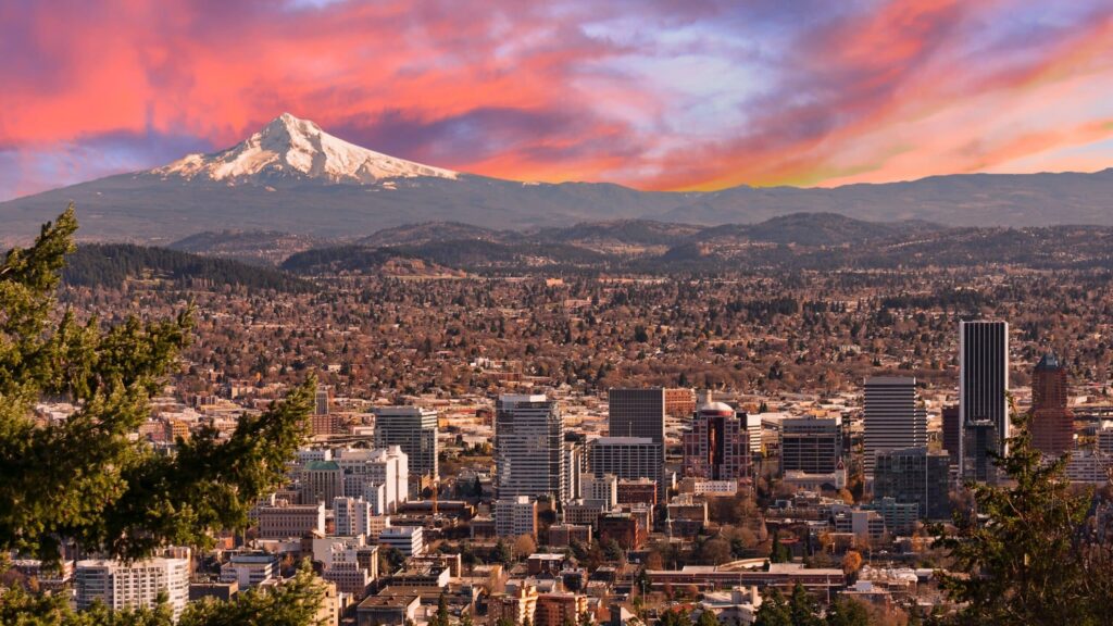 Sunrise View of Portland, Oregon from Pittock Mansion.