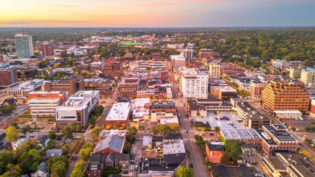 Ann Arbor, Michigan skyline at dusk